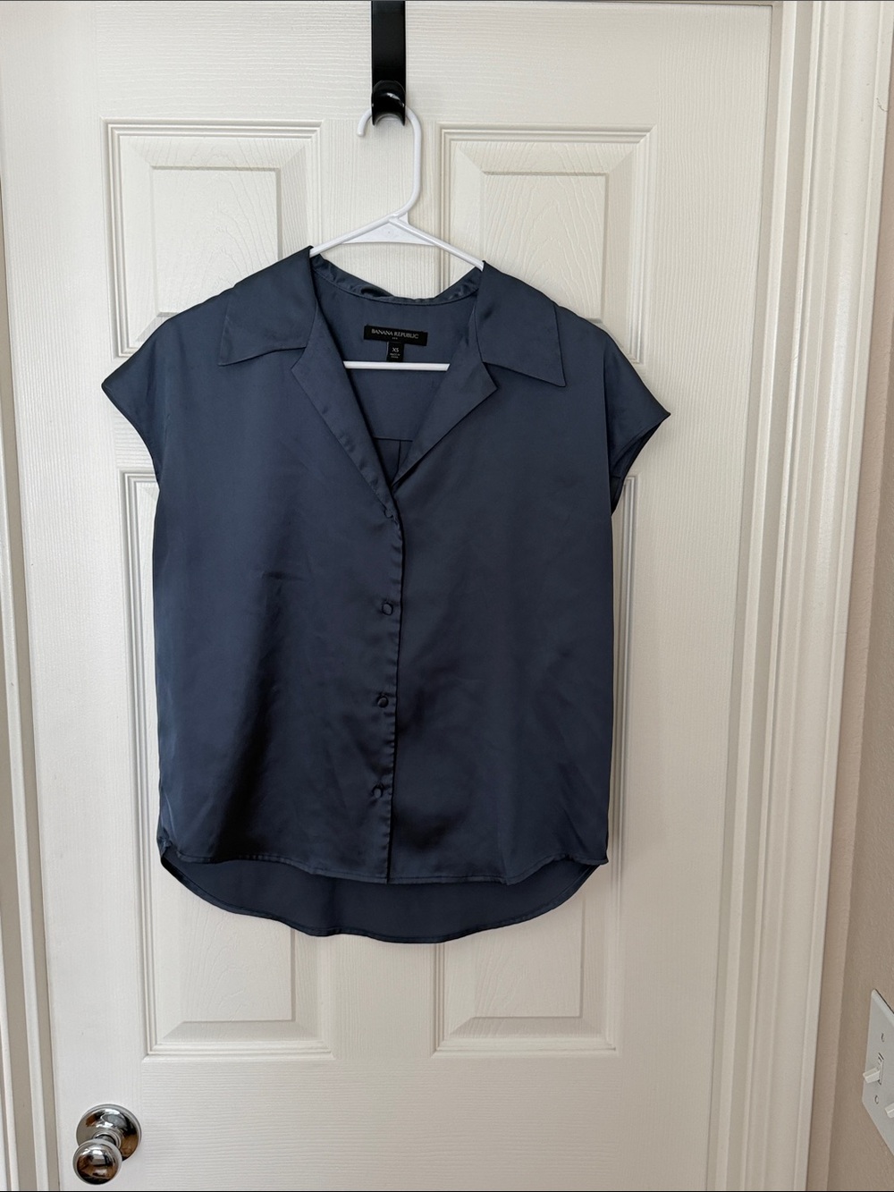 Banana Republic Factory Blue Satin Cap-Sleeve Button Front Top